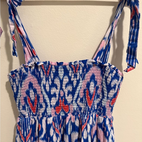 Crown & Ivy Tiered Maxi Dress Blue Pink Ikat Sz Medium Tie Strap Vacation Outift - Picture 4 of 11